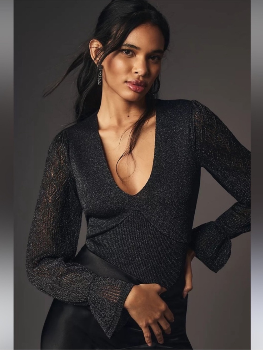 Anthropologie Woven Sleeve Twofer Sweater Size Medium Black Metallic Shimmer Top
